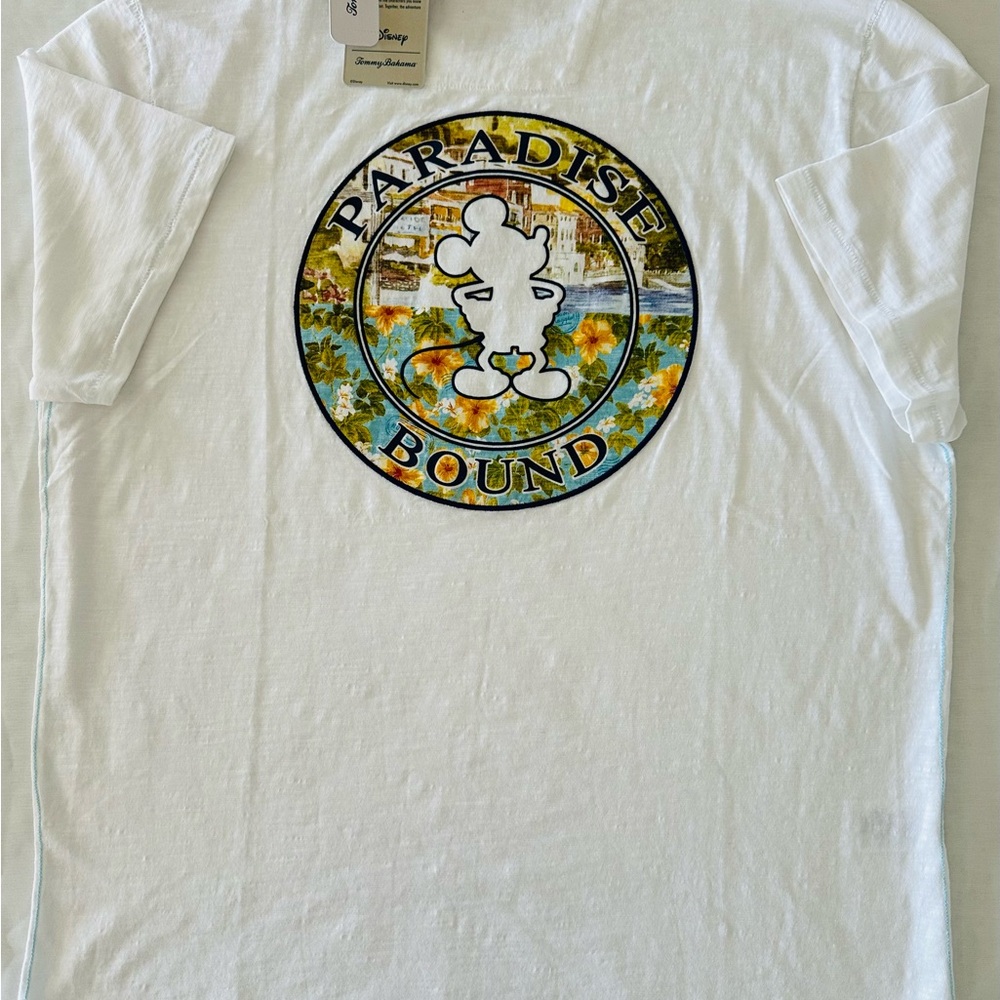 Tommy Bahama Men’s Disney PARADISE BOUND White Embroidered T-Shirt Size L Mickey